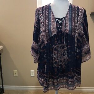 Artesia Boho Red and Blue Sheer Floral Top with Tie Neck Tassels Wide Sleeves-XL